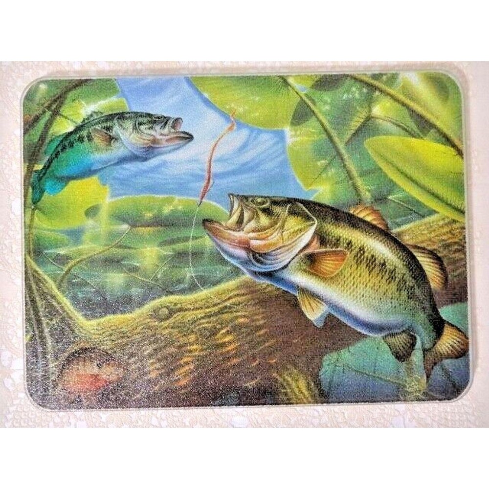 Rivers Edge Bass Fish Cutting Board Tempered Glass Green Blue Fisherman Gift NEW